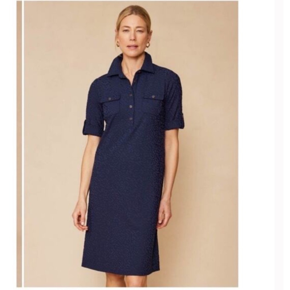 J McLaughlin Navy Blue Textured Polo Shirt‎ Dress Roll Tab Sleeves Size Small